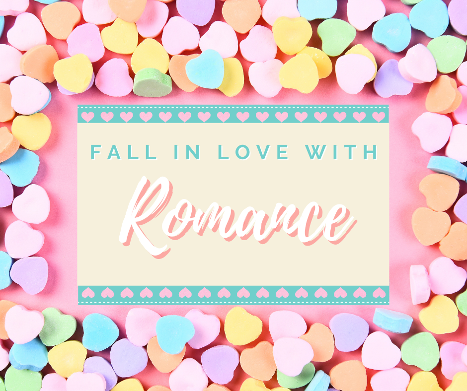 Fall in Love with Romance logo on a lace-trimmed card in a candy heart frame