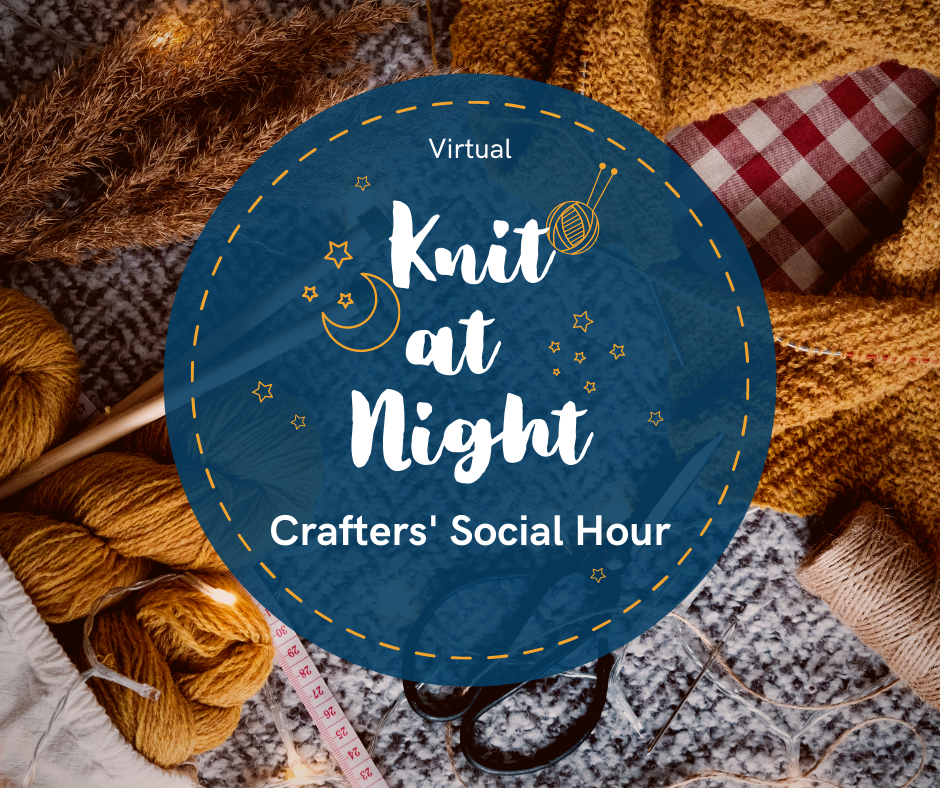 Knit at Night logo over knitting supplies