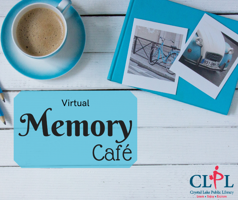 Memory Cafe logo below a cup of coffee on a blue and white saucer and a blue scrapbook with two polaroid photos placed on top