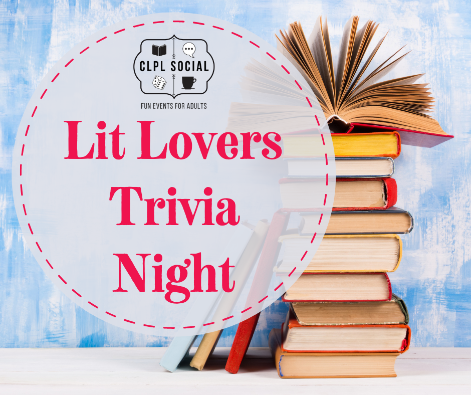 stock photo of a pile of books with the logo "Lit Lovers Trivia Night" overlaid