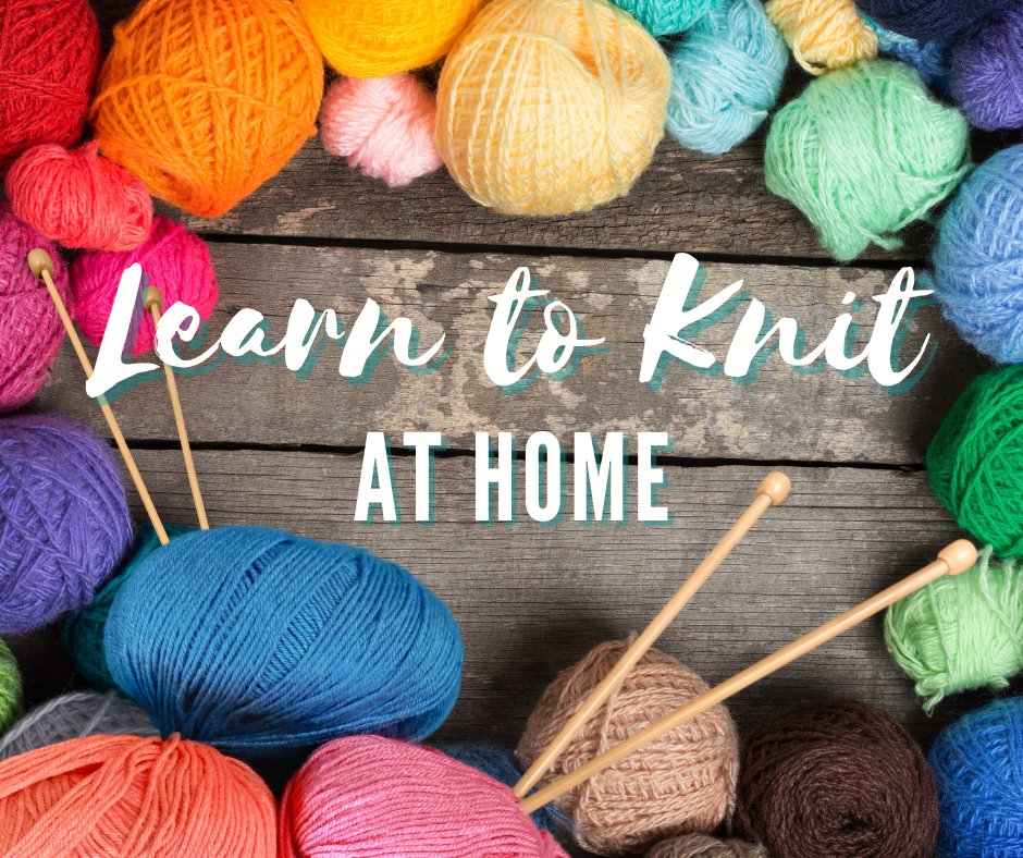 Learn to Knit at Home logo surrounded by multicolor yarns against a wood background