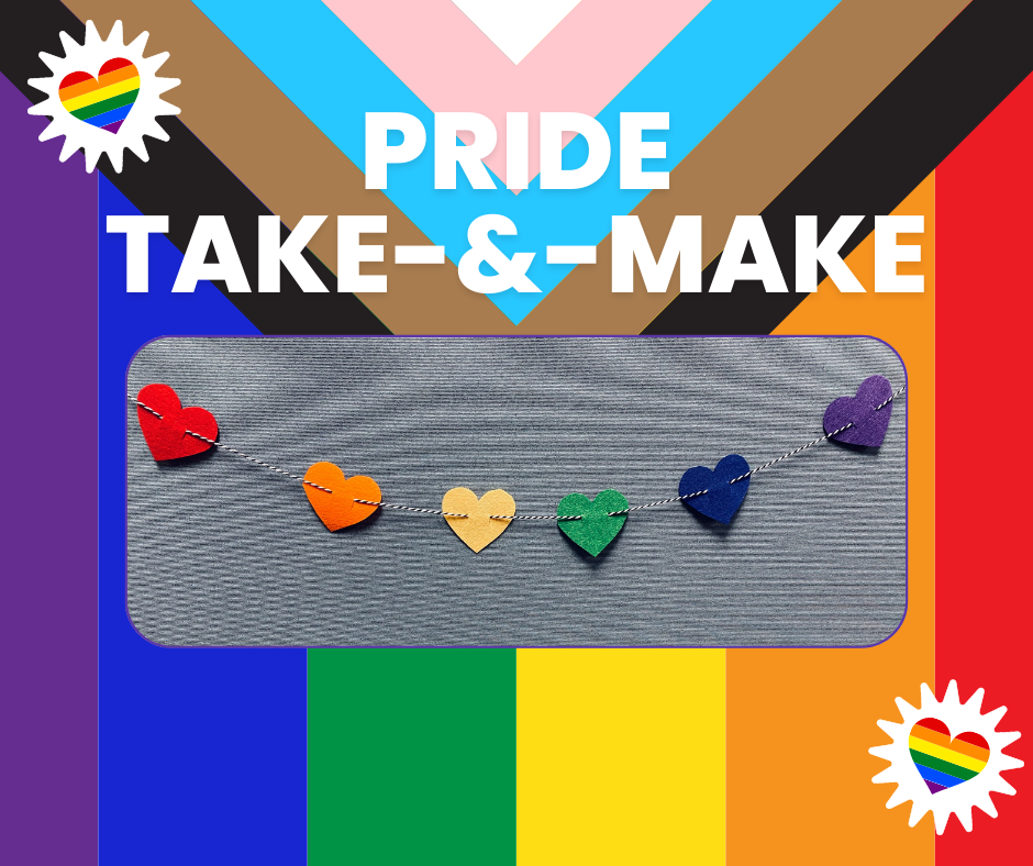 Example of Rainbow Heart Garland in front of the Progress Pride Flag