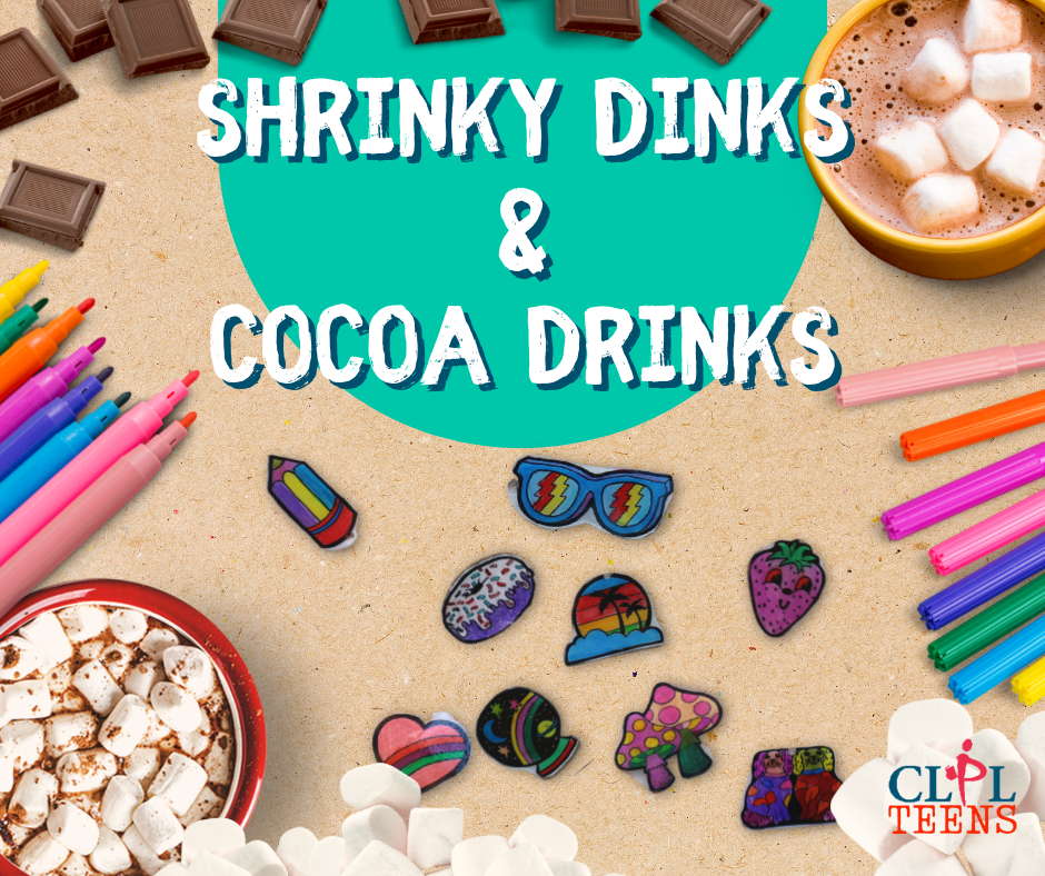 Shrinky Dinks and Cocoa Drinks text on a background featuring cocoa ingredients and craft supplies