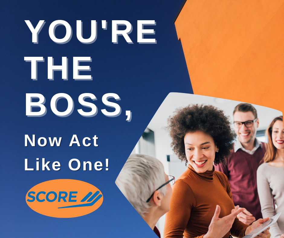 Text: You're the Boss, Now Act Like One! Image: A Black Woman with Natural Hair and an Orange Sweater Leads a Multigenerational Team of Employees.