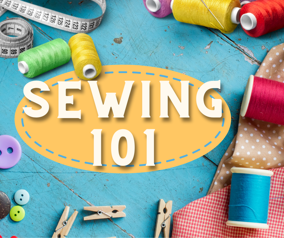 Text: Sewing 101 Image: Sewing supplies on a light blue background