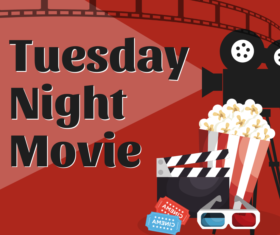 Text: Tuesday Night Movie Image: A film projector, a box of popcorn, a director's slate, and 2 movie tickets against a red background 