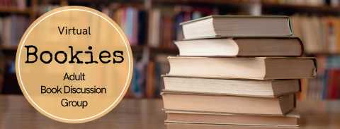 Bookies Logo beside a stack of books on a wooden table in front of bookshelves