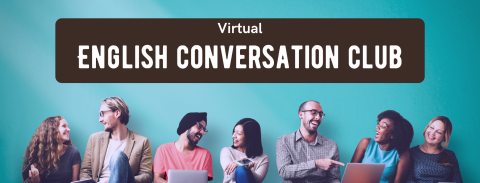 Text: English Conversation Club Image: A group of multicultural adults set together against a teal wall