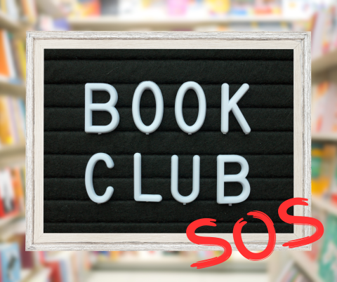 The words "Book Club" on a black background with the acronym SOS scrawled underneath