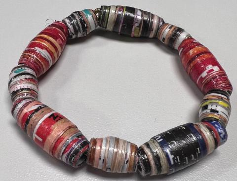 bead bracelet made with recycled magazine pages