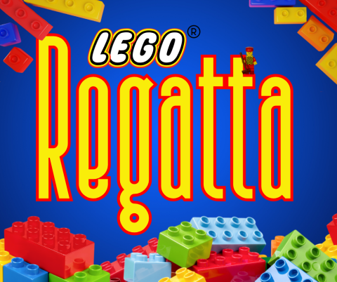 lego regatta with blue background and multi color lego bricks