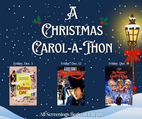 3 movie covers of A Christmas Carol movies and a lamppost