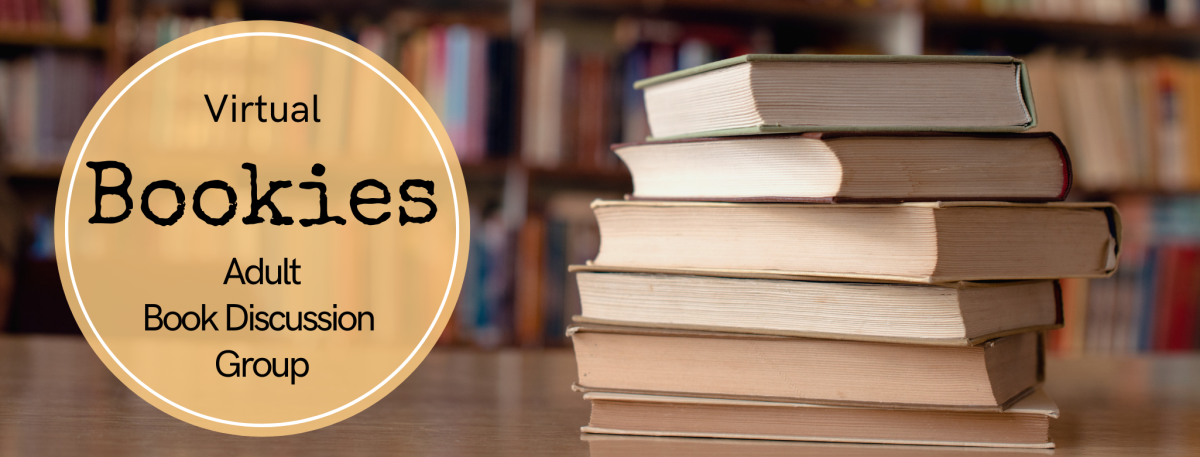 Bookies Logo beside a stack of books on a wooden table in front of bookshelves