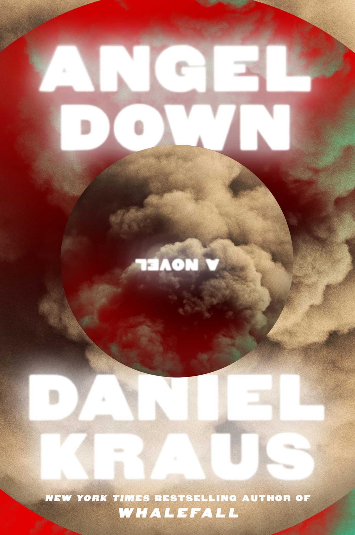 Cover of the novel "Angel Down" by Daniel Kraus featuring a red background and grey clouds or smoke